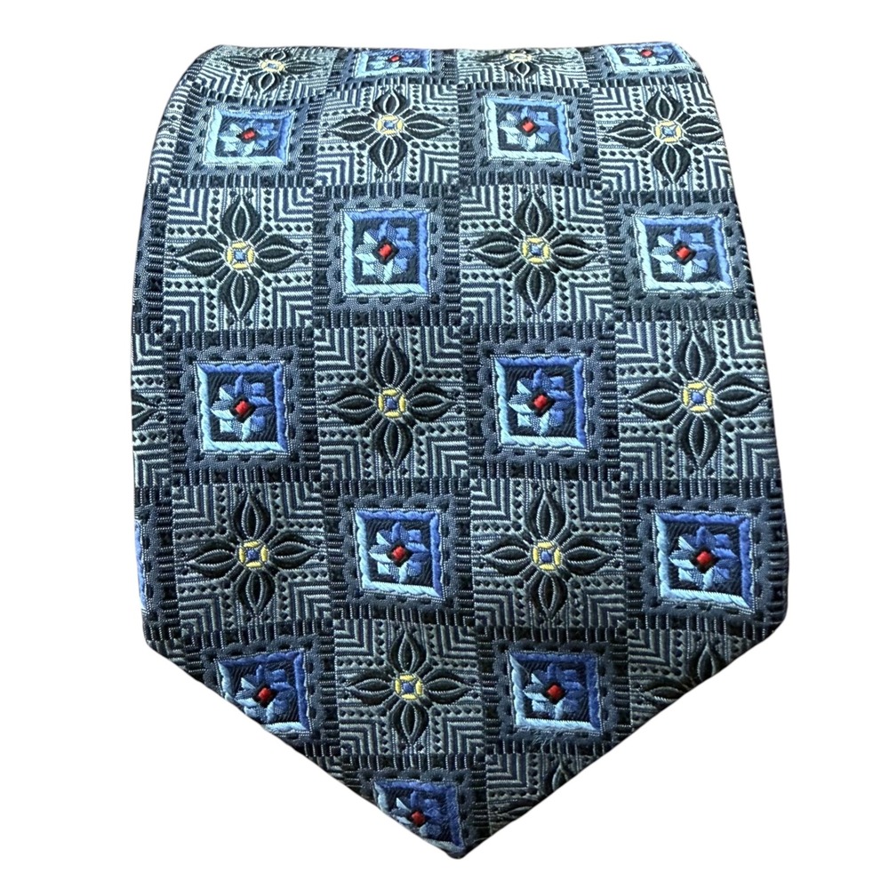 Robert Talbott Nordstrom Silk Tie Blue Grey Geometric Medallion USA Men 4'x58'‎